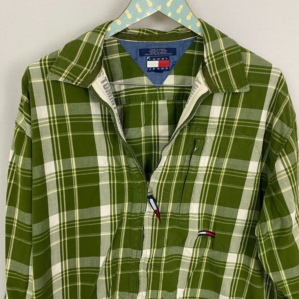 Vtg Tommy Hilfiger Shirt Men Large Green Plaid Flannel Zip Up Spell Out Logo Y2K
